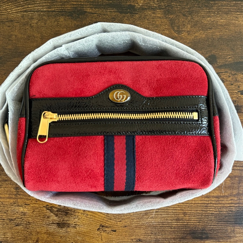 Gucci GG Ophidia Waist Bag 517076 Suede Leather Red Black Gold Hardware w Belt